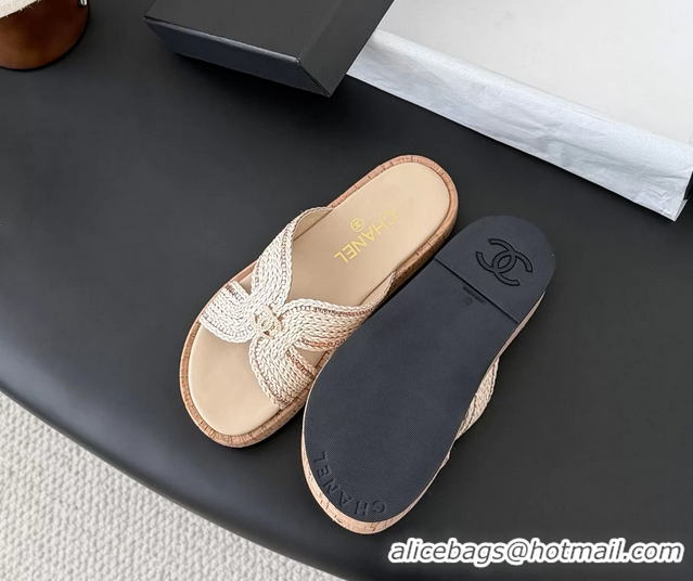 Sophisticated Chanel CC Beige Raffia Flat Slides Sandals Shoes 6051208