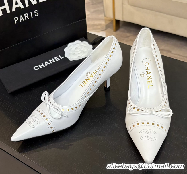 Unique Style Chanel CC Logo Bow White Leather Pumps 65MM 6051209