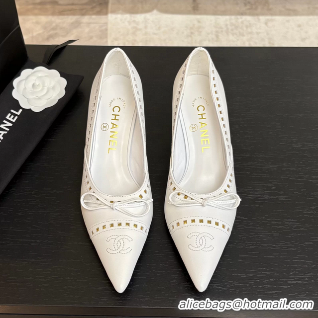 Unique Style Chanel CC Logo Bow White Leather Pumps 65MM 6051209
