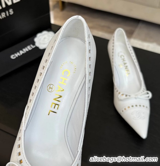 Unique Style Chanel CC Logo Bow White Leather Pumps 65MM 6051209