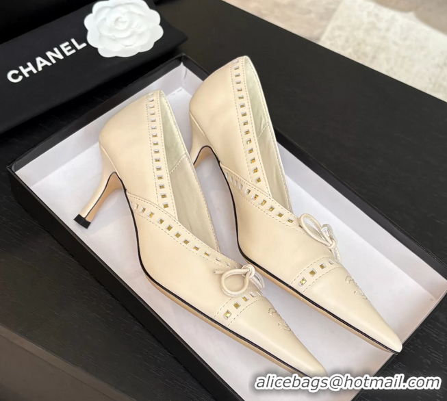 Chanel CC Logo Bow Off White Leather Pumps 65MM 6051209
