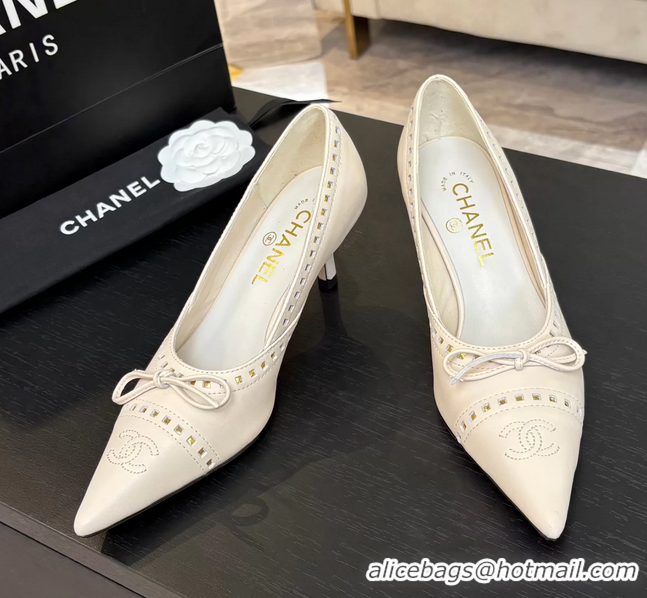 Chanel CC Logo Bow Off White Leather Pumps 65MM 6051209