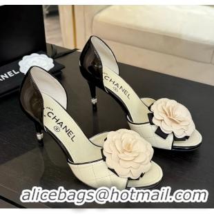 Low Price Chanel Camellia Flower High Heeled Sandals White Quilted and Black Patent Leather 6051210