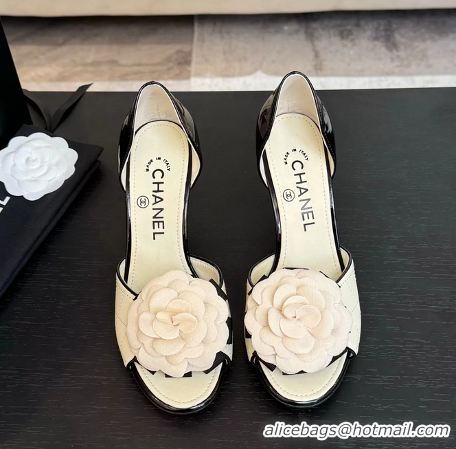 Low Price Chanel Camellia Flower High Heeled Sandals White Quilted and Black Patent Leather 6051210