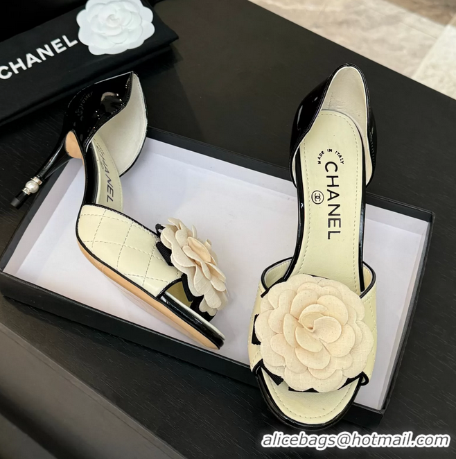Low Price Chanel Camellia Flower High Heeled Sandals White Quilted and Black Patent Leather 6051210