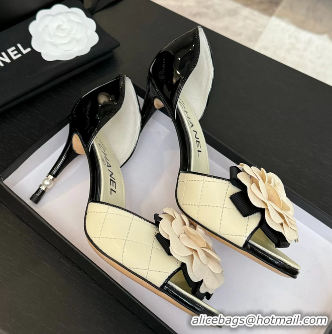 Low Price Chanel Camellia Flower High Heeled Sandals White Quilted and Black Patent Leather 6051210