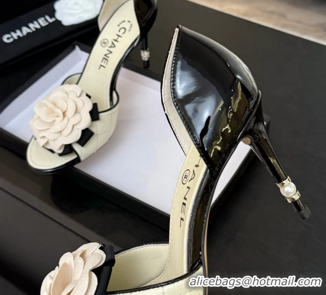 Low Price Chanel Camellia Flower High Heeled Sandals White Quilted and Black Patent Leather 6051210