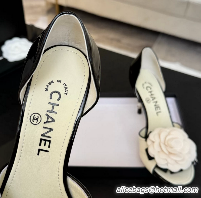 Low Price Chanel Camellia Flower High Heeled Sandals White Quilted and Black Patent Leather 6051210
