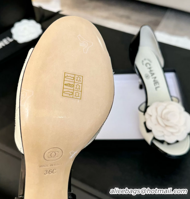 Low Price Chanel Camellia Flower High Heeled Sandals White Quilted and Black Patent Leather 6051210