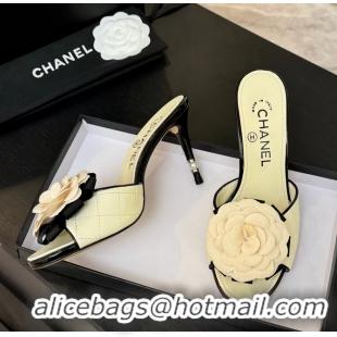 Fashion Chanel Camellia Flower High Heeled Slides Sandals Shoes Off White Quilted Leather 6051210
