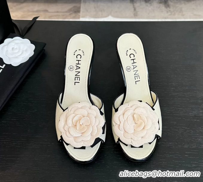 Fashion Chanel Camellia Flower High Heeled Slides Sandals Shoes Off White Quilted Leather 6051210