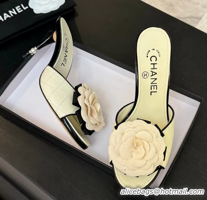 Fashion Chanel Camellia Flower High Heeled Slides Sandals Shoes Off White Quilted Leather 6051210