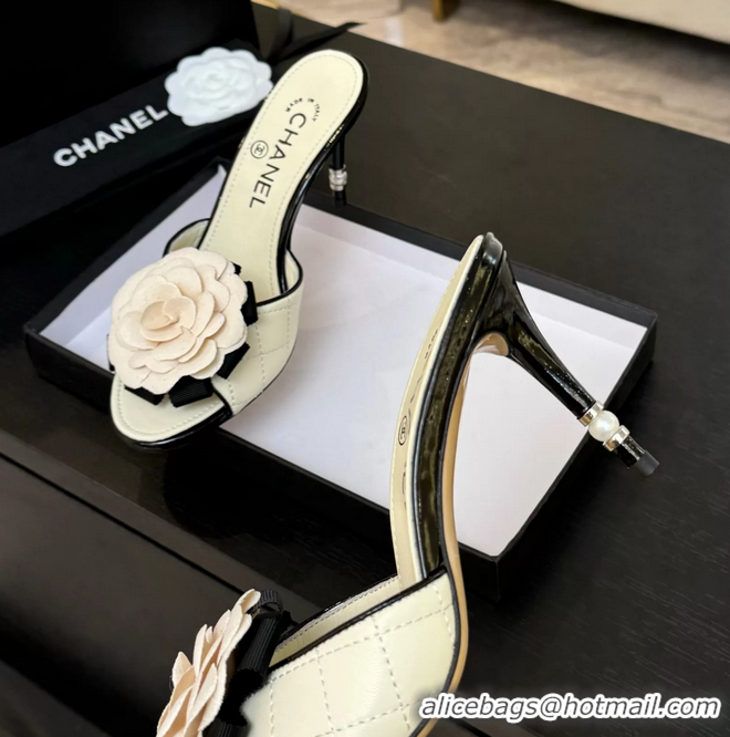 Fashion Chanel Camellia Flower High Heeled Slides Sandals Shoes Off White Quilted Leather 6051210