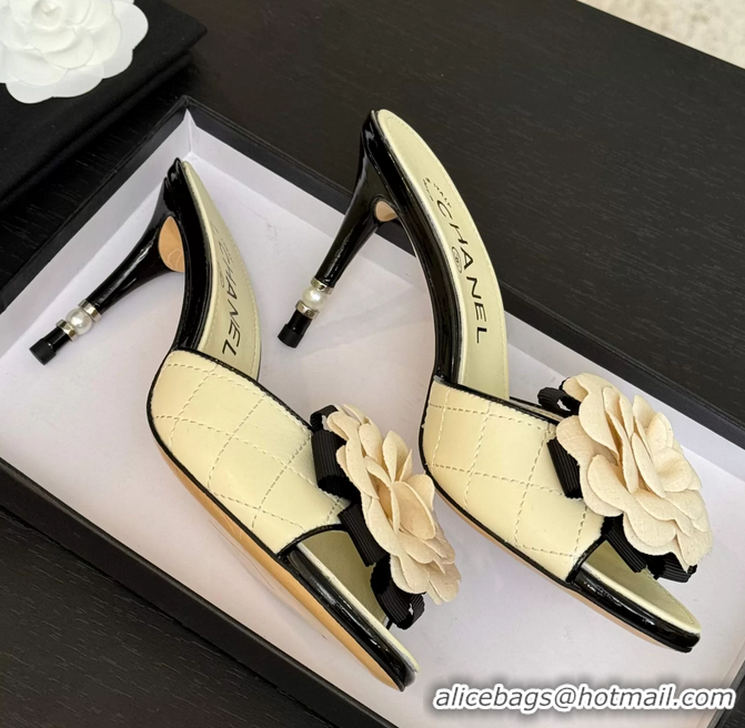 Fashion Chanel Camellia Flower High Heeled Slides Sandals Shoes Off White Quilted Leather 6051210
