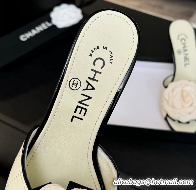 Fashion Chanel Camellia Flower High Heeled Slides Sandals Shoes Off White Quilted Leather 6051210