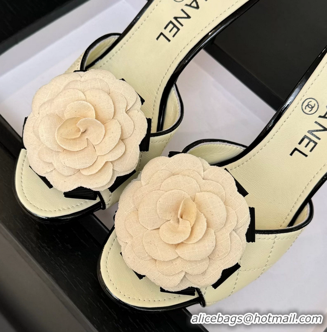 Fashion Chanel Camellia Flower High Heeled Slides Sandals Shoes Off White Quilted Leather 6051210