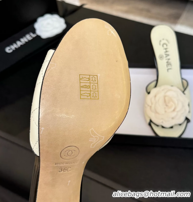 Fashion Chanel Camellia Flower High Heeled Slides Sandals Shoes Off White Quilted Leather 6051210