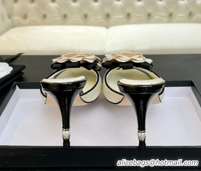 Fashion Chanel Camellia Flower High Heeled Slides Sandals Shoes Off White Quilted Leather 6051210