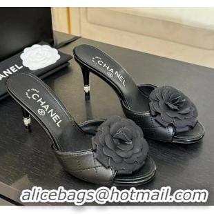 Durable Chanel Camellia Flower High Heeled Slides Sandals Shoes Black Quilted Leather 6051301