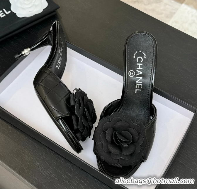 Durable Chanel Camellia Flower High Heeled Slides Sandals Shoes Black Quilted Leather 6051301