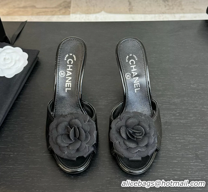 Durable Chanel Camellia Flower High Heeled Slides Sandals Shoes Black Quilted Leather 6051301