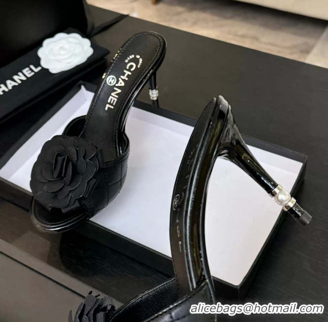 Durable Chanel Camellia Flower High Heeled Slides Sandals Shoes Black Quilted Leather 6051301