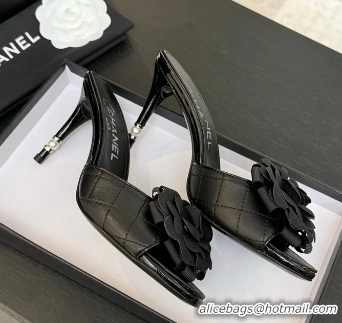 Durable Chanel Camellia Flower High Heeled Slides Sandals Shoes Black Quilted Leather 6051301