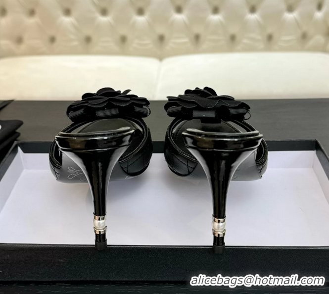 Durable Chanel Camellia Flower High Heeled Slides Sandals Shoes Black Quilted Leather 6051301