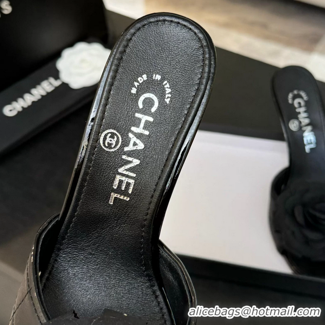 Durable Chanel Camellia Flower High Heeled Slides Sandals Shoes Black Quilted Leather 6051301