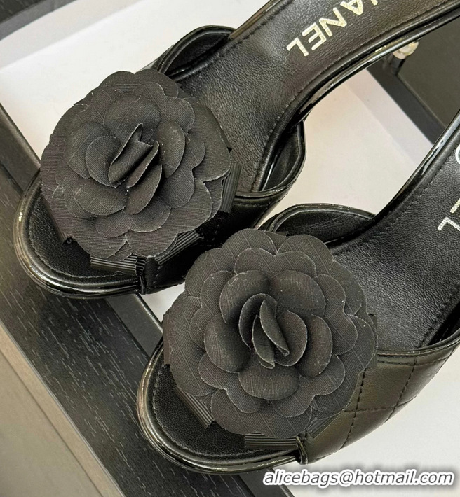 Durable Chanel Camellia Flower High Heeled Slides Sandals Shoes Black Quilted Leather 6051301