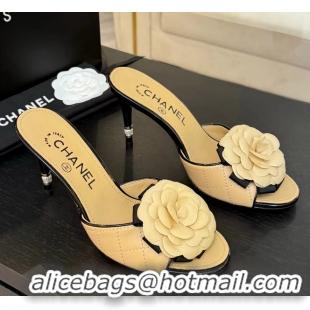 Original Cheap Chanel Camellia Flower High Heeled Slides Sandals Shoes Beige Quilted Leather 6051301