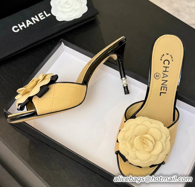 Original Cheap Chanel Camellia Flower High Heeled Slides Sandals Shoes Beige Quilted Leather 6051301