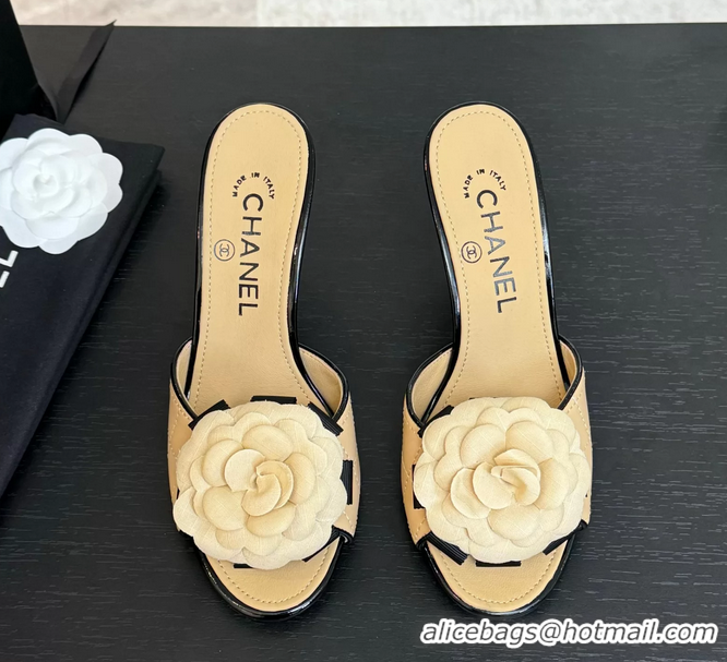Original Cheap Chanel Camellia Flower High Heeled Slides Sandals Shoes Beige Quilted Leather 6051301