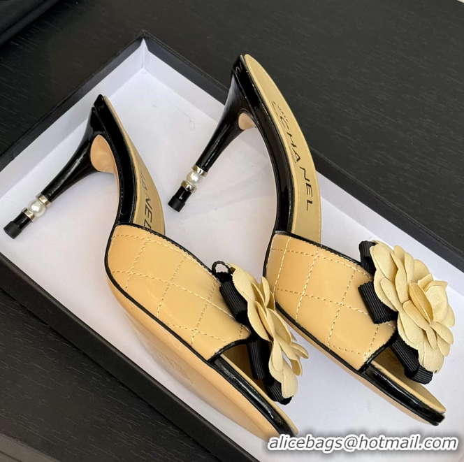Original Cheap Chanel Camellia Flower High Heeled Slides Sandals Shoes Beige Quilted Leather 6051301