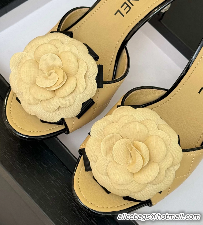 Original Cheap Chanel Camellia Flower High Heeled Slides Sandals Shoes Beige Quilted Leather 6051301
