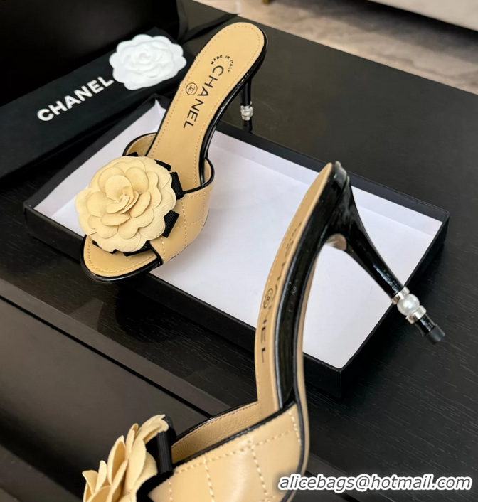 Original Cheap Chanel Camellia Flower High Heeled Slides Sandals Shoes Beige Quilted Leather 6051301