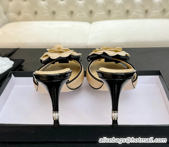 Original Cheap Chanel Camellia Flower High Heeled Slides Sandals Shoes Beige Quilted Leather 6051301