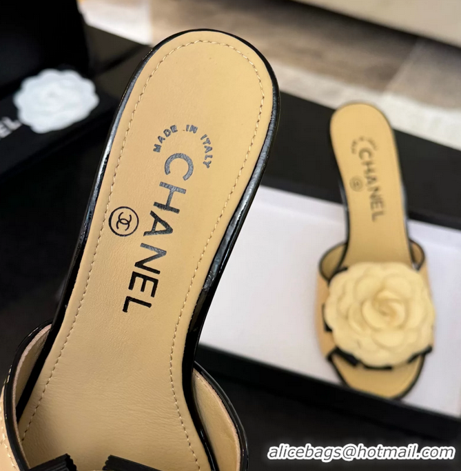 Original Cheap Chanel Camellia Flower High Heeled Slides Sandals Shoes Beige Quilted Leather 6051301