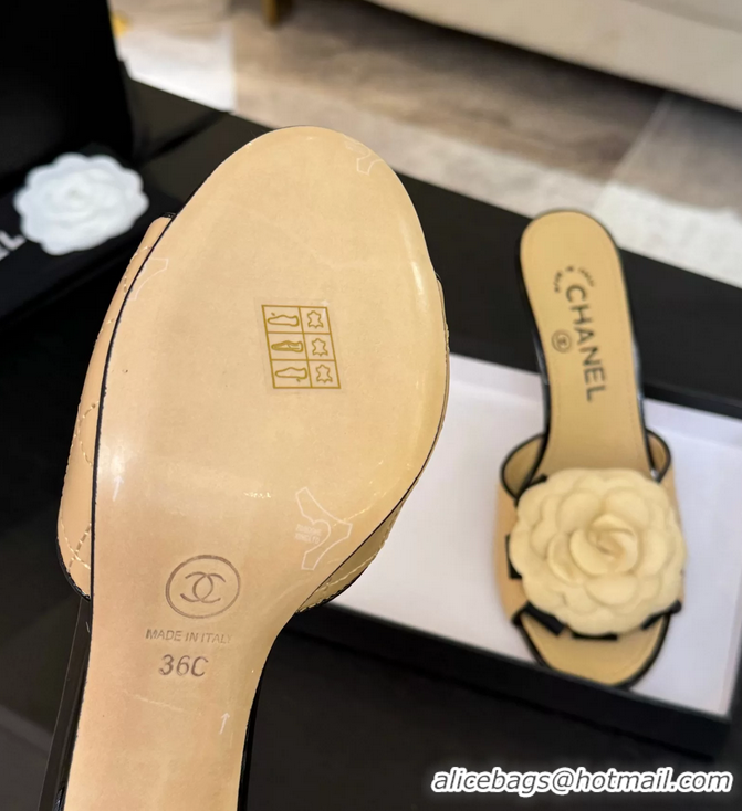 Original Cheap Chanel Camellia Flower High Heeled Slides Sandals Shoes Beige Quilted Leather 6051301