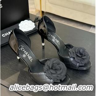 Cheap Chanel Camellia Flower High Heeled Sandals Black Quilted and Black Patent Leather 6051302