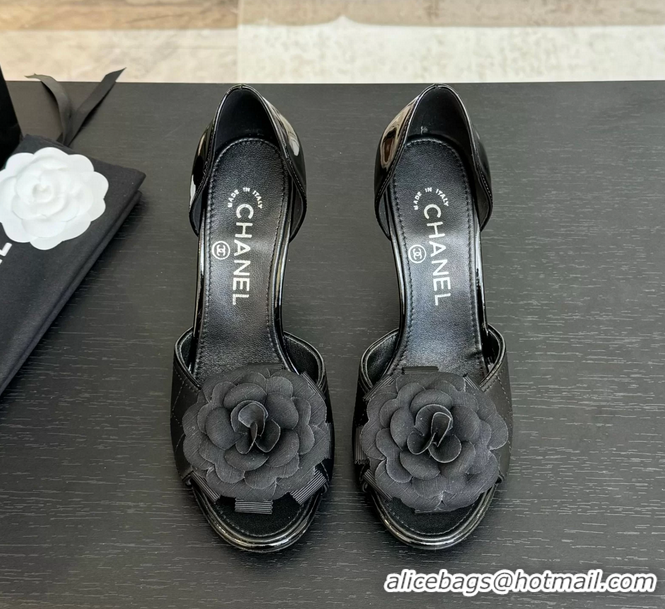 Cheap Chanel Camellia Flower High Heeled Sandals Black Quilted and Black Patent Leather 6051302