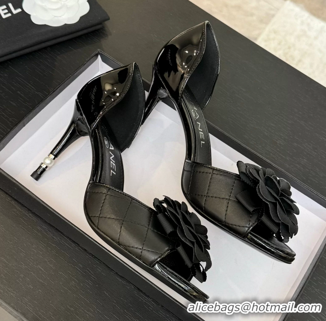 Cheap Chanel Camellia Flower High Heeled Sandals Black Quilted and Black Patent Leather 6051302