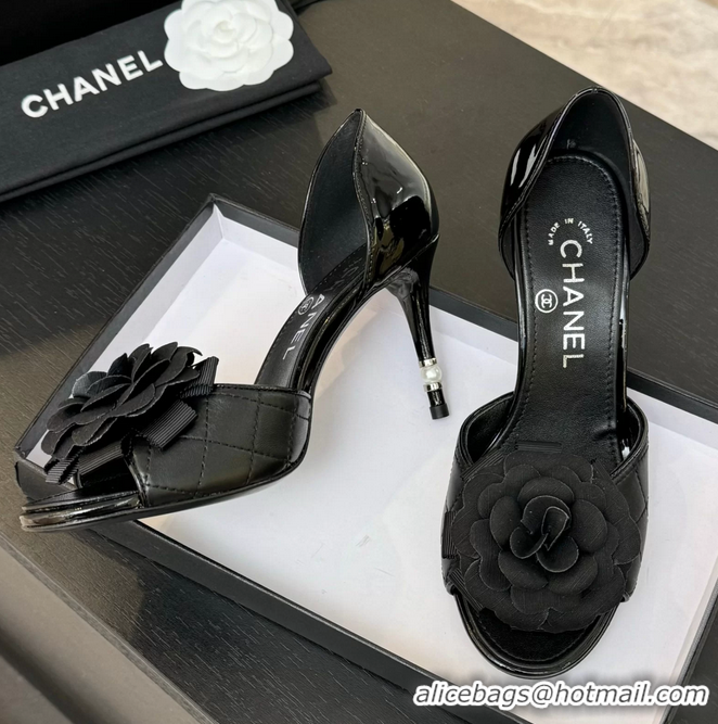 Cheap Chanel Camellia Flower High Heeled Sandals Black Quilted and Black Patent Leather 6051302