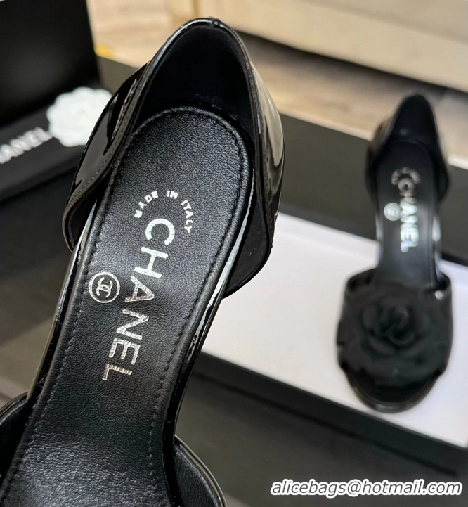 Cheap Chanel Camellia Flower High Heeled Sandals Black Quilted and Black Patent Leather 6051302