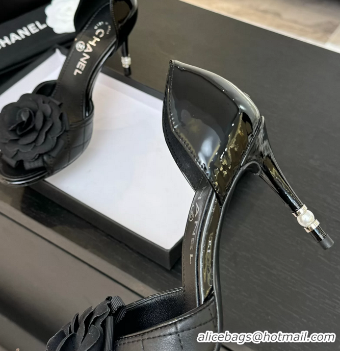 Cheap Chanel Camellia Flower High Heeled Sandals Black Quilted and Black Patent Leather 6051302