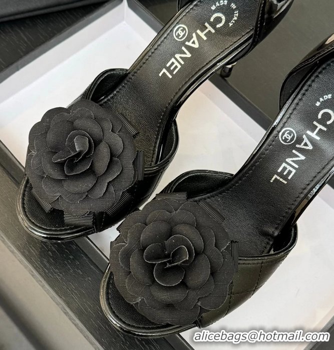 Cheap Chanel Camellia Flower High Heeled Sandals Black Quilted and Black Patent Leather 6051302