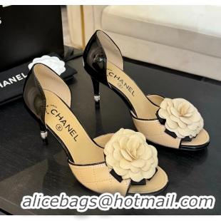 Trendy Design Chanel Camellia Flower High Heeled Sandals Beige Quilted and Black Patent Leather 6051302