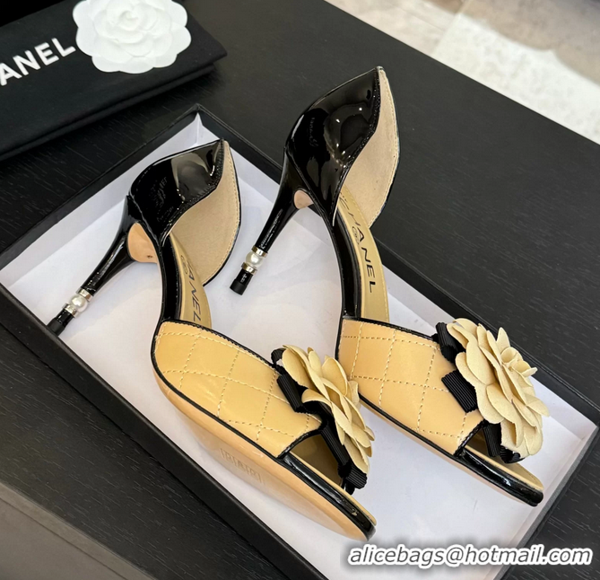 Trendy Design Chanel Camellia Flower High Heeled Sandals Beige Quilted and Black Patent Leather 6051302
