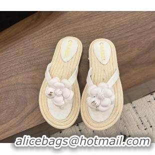 Feminine Chanel Leather Camellia Flower Terry Cloth Espadrille Slip Flops Thong Sandals Shoes White 6051303