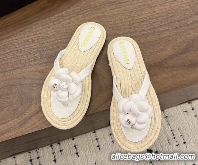 Feminine Chanel Leather Camellia Flower Terry Cloth Espadrille Slip Flops Thong Sandals Shoes White 6051303